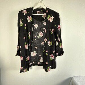 Just In Thyme Ltd. Womens Floral Open Front Jacket 14 Black Pink Lightweight